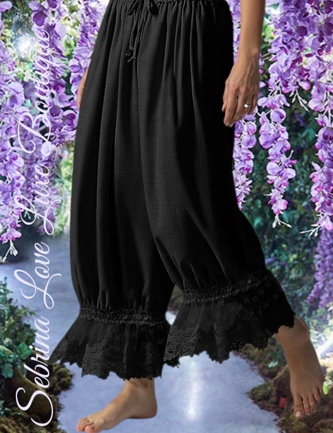 Romantic Victorian Inspired Black Boho Wide Leg Pantaloon Bloomer Harem Pants