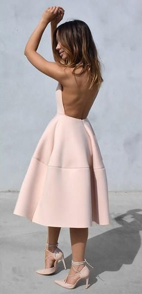 Romantic Blush Backless Tea Length Dress