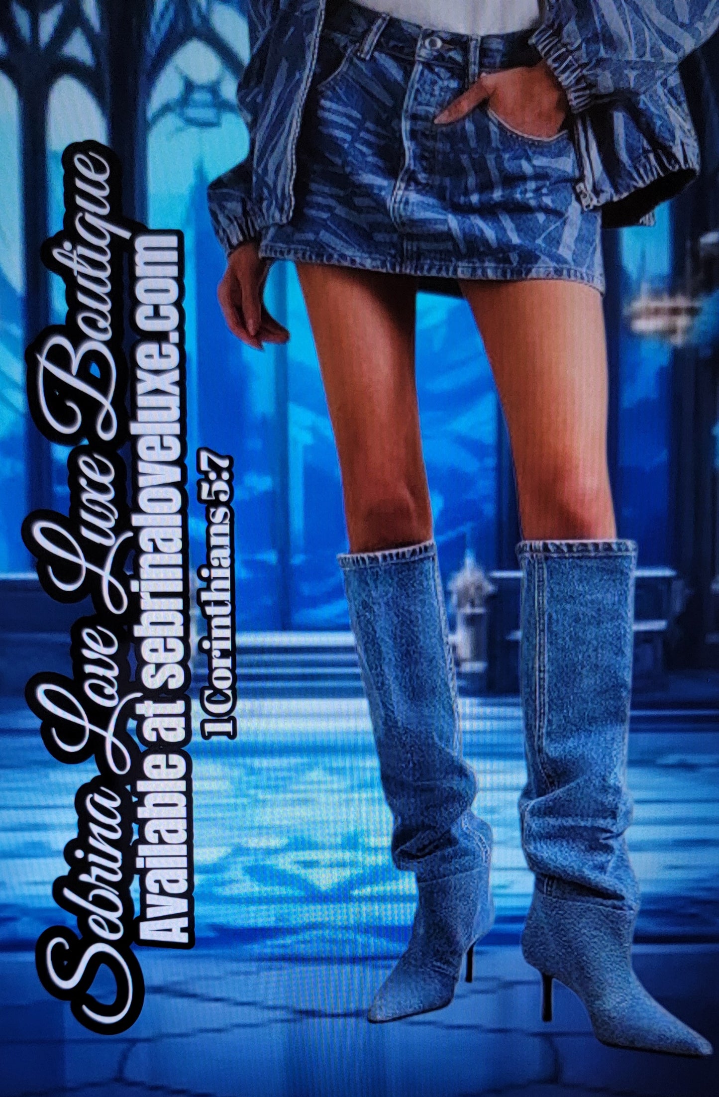 Chic Medium Wash Blue Denim Kitten Heel Knee Boots
