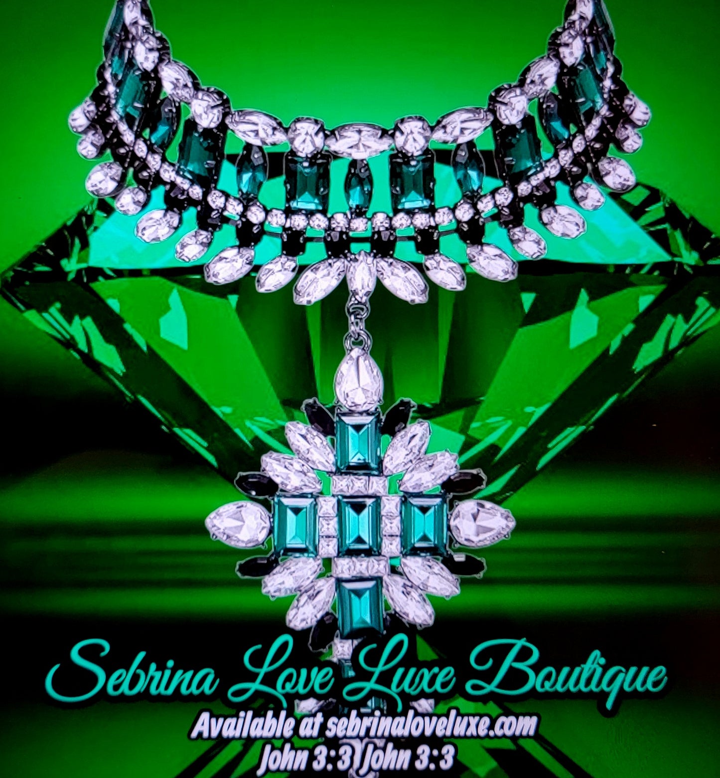 Elegant Green & White Crystal Diamante Rhinestone Bejeweled Cross Collar Necklace