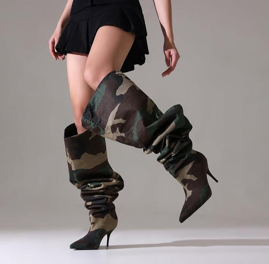Sexy Green & Brown Camouflage Slouchy Thigh Boots
