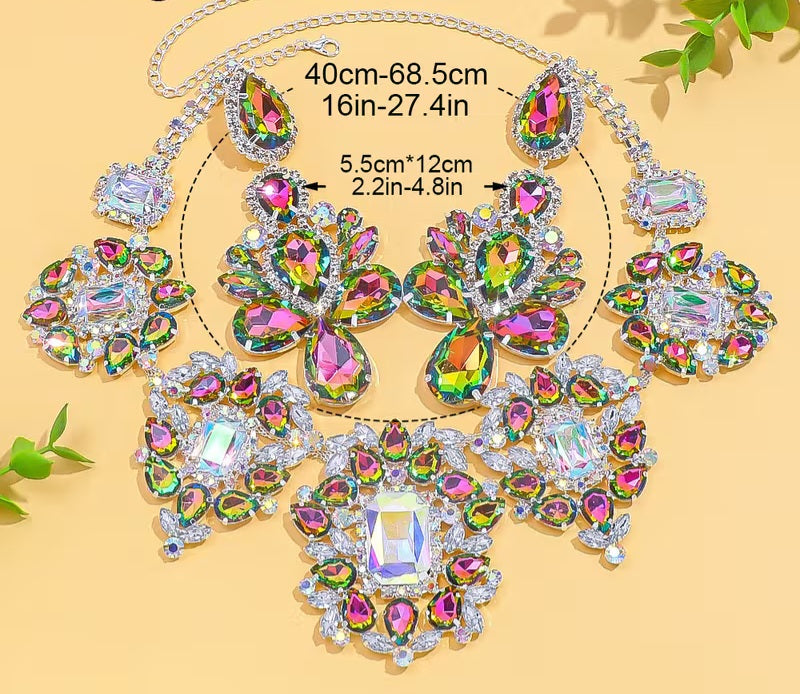 Luxe Vintage Inspired Multicolor AB Crystal Diamante Rhinestone Bejeweled Choker Necklace & Earrings Set