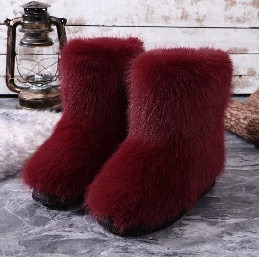 Plush Merlot Burgundy Red Faux Fur Outdoor Winter Boots