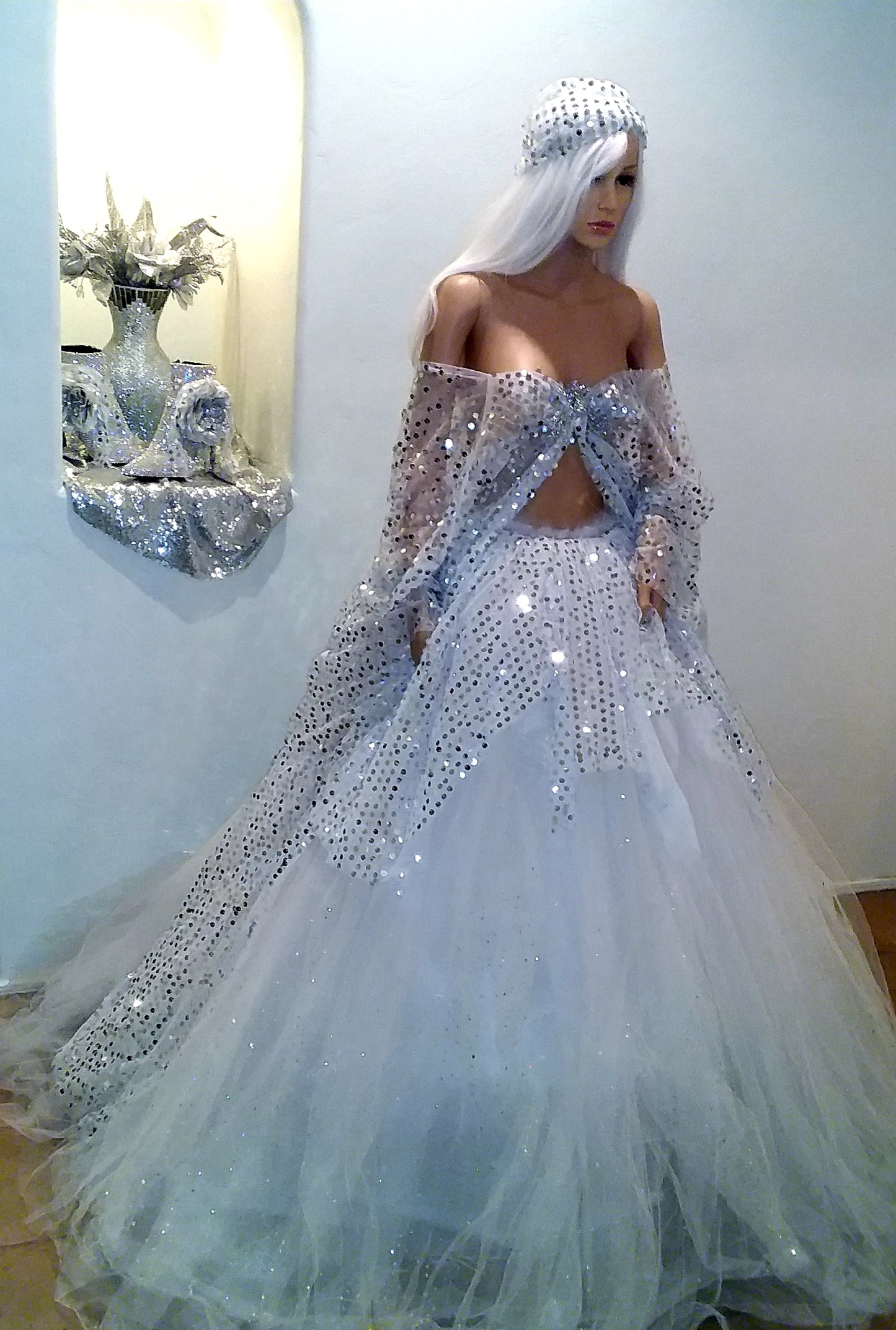 The 💎ISOLDE💎 White & Silver Sequin Crystal Kimono Wedding Ballgown Set