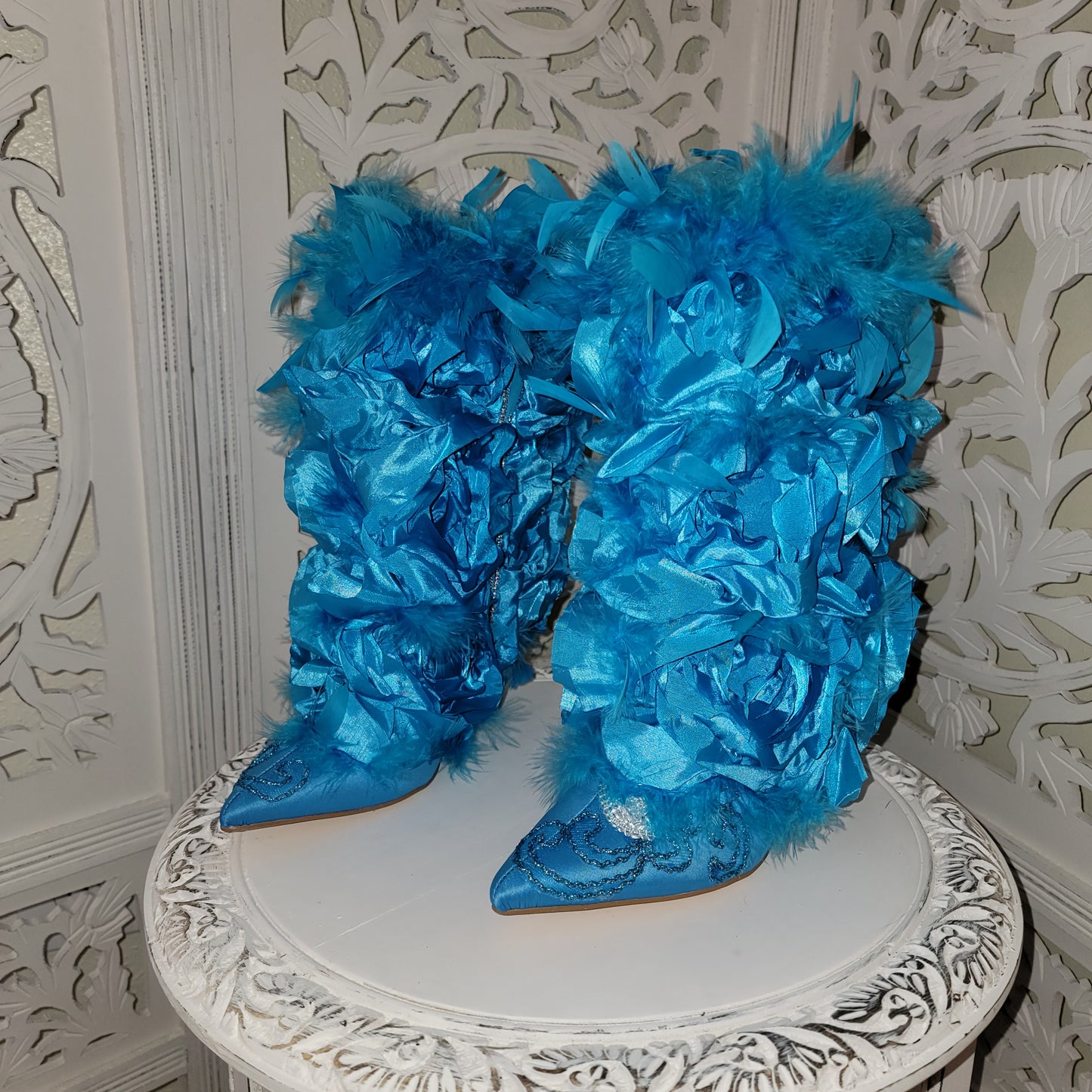 "GAIA" Turquoise Rosette Feather Crystal Lace Ankle Boots