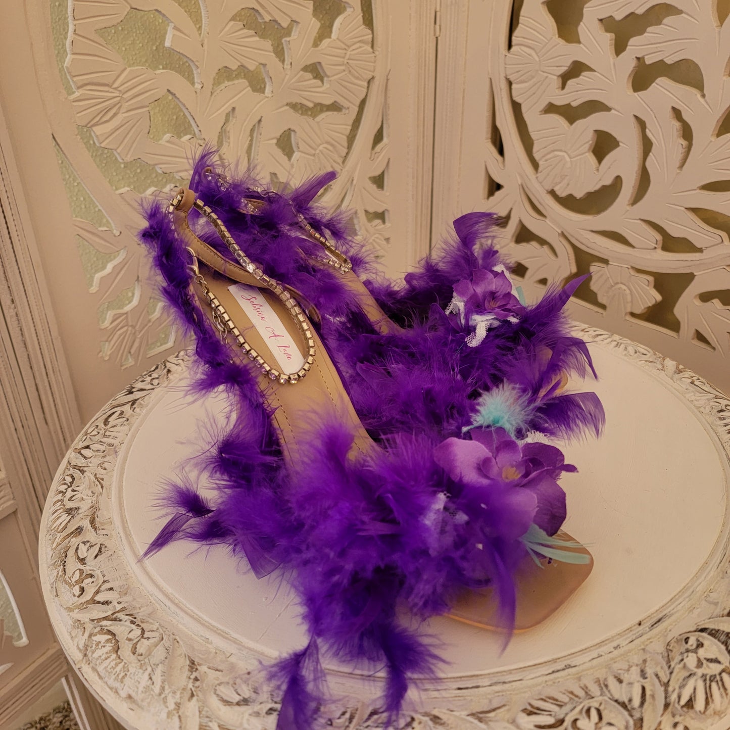 Sexy "VIOLET RAE" Purple Feather Ankle Strap Heels