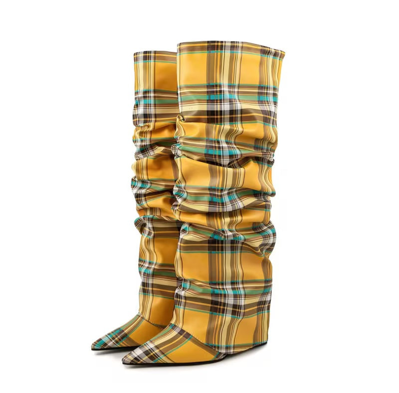Chic Yellow Gold Scotland Inspired Plaid Foldover Slouchy knee Boots (PRE-ORDER)