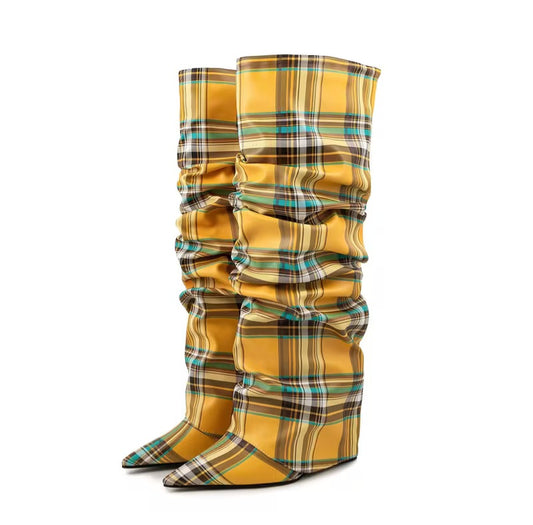 Chic Yellow Gold Scotland Inspired Plaid Foldover Slouchy knee Boots (PRE-ORDER)