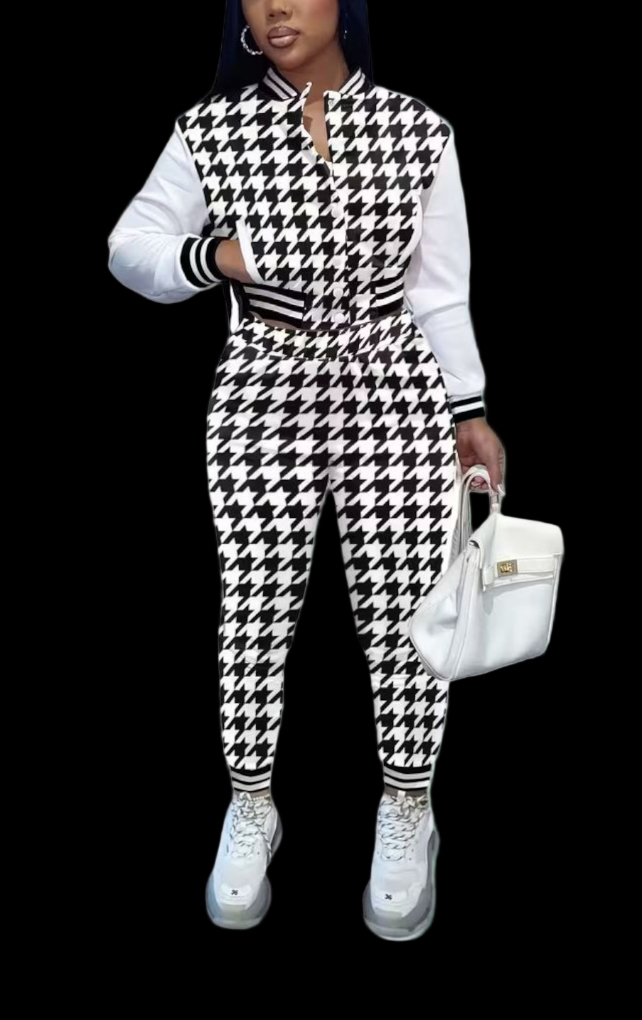 Black & White 2pc Houndstooth Check Print Jogger Set