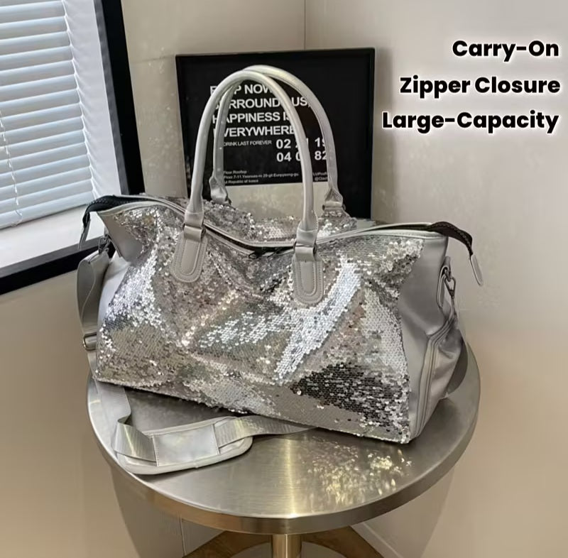 Beautiful Sparkling Silver Sequin Carry-on Overnight Luggage Bag