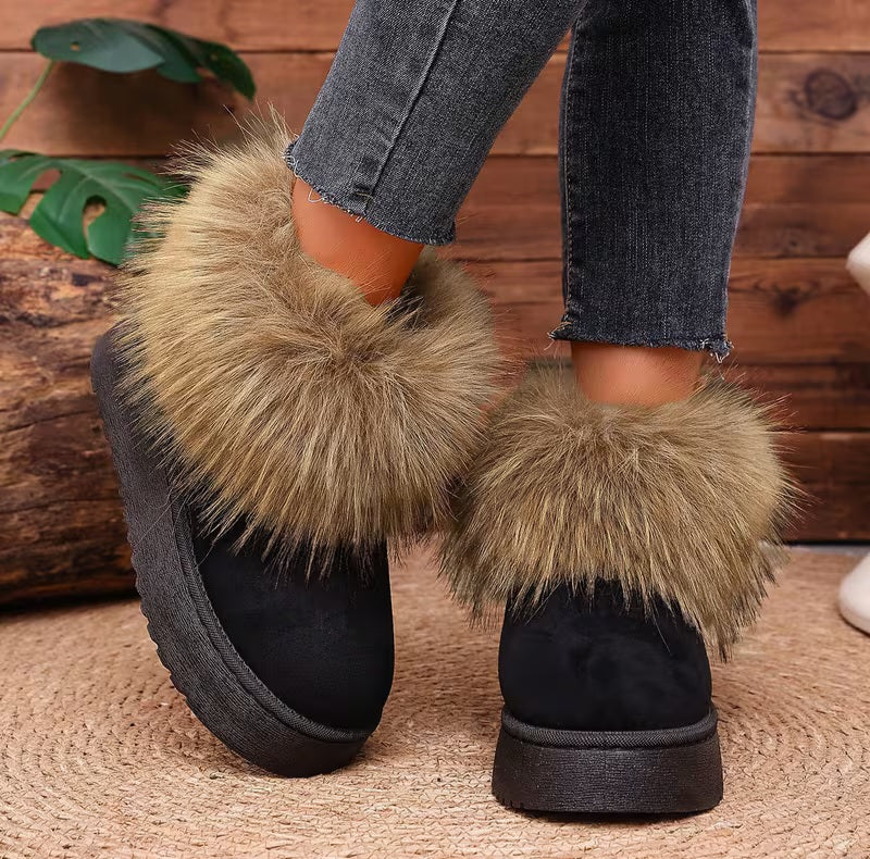 Stylish Black Faux Fur Trim Outdoor Winter Ankle Booties