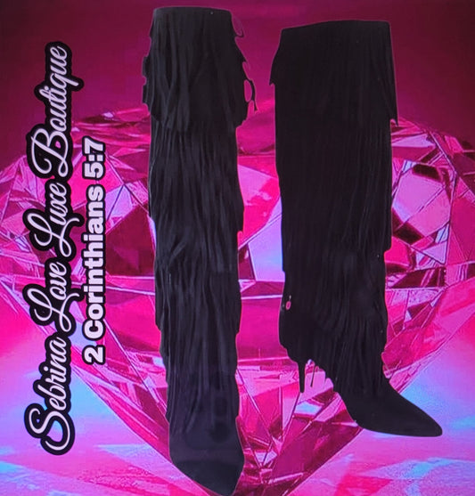 Boho Festival Black Fringe Heeled Boots