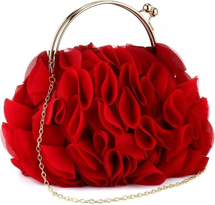 Elegant Red Chiffon Floral Evening PartyPurse