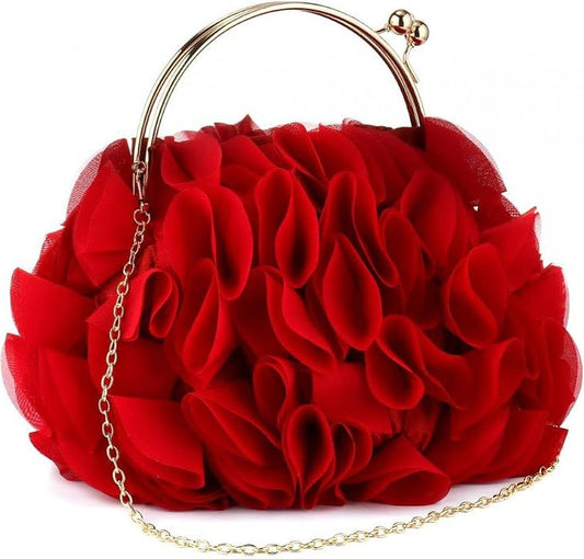 Elegant Red Chiffon Floral Evening PartyPurse