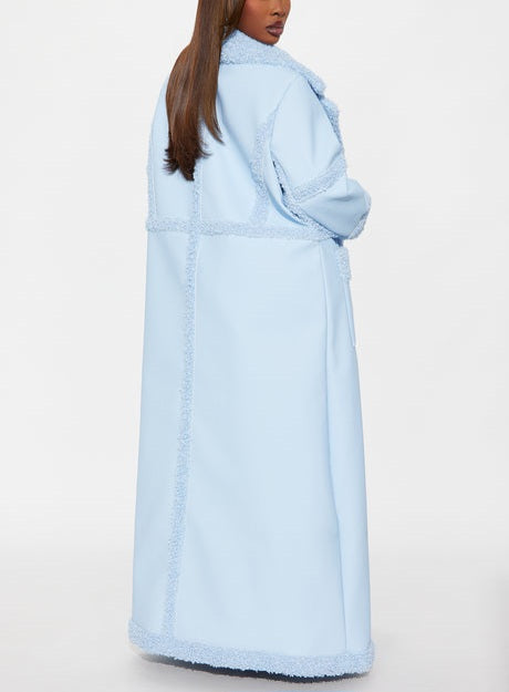 Luxe Baby Blue Faux Leather Faux Shearling Trim Maxi Coat