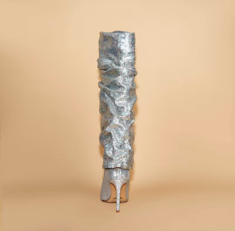 Sexy Metallic Silver Sparkly Slouchy Knee Boots