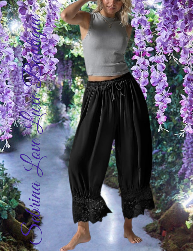Romantic Victorian Inspired Black Boho Wide Leg Pantaloon Bloomer Harem Pants