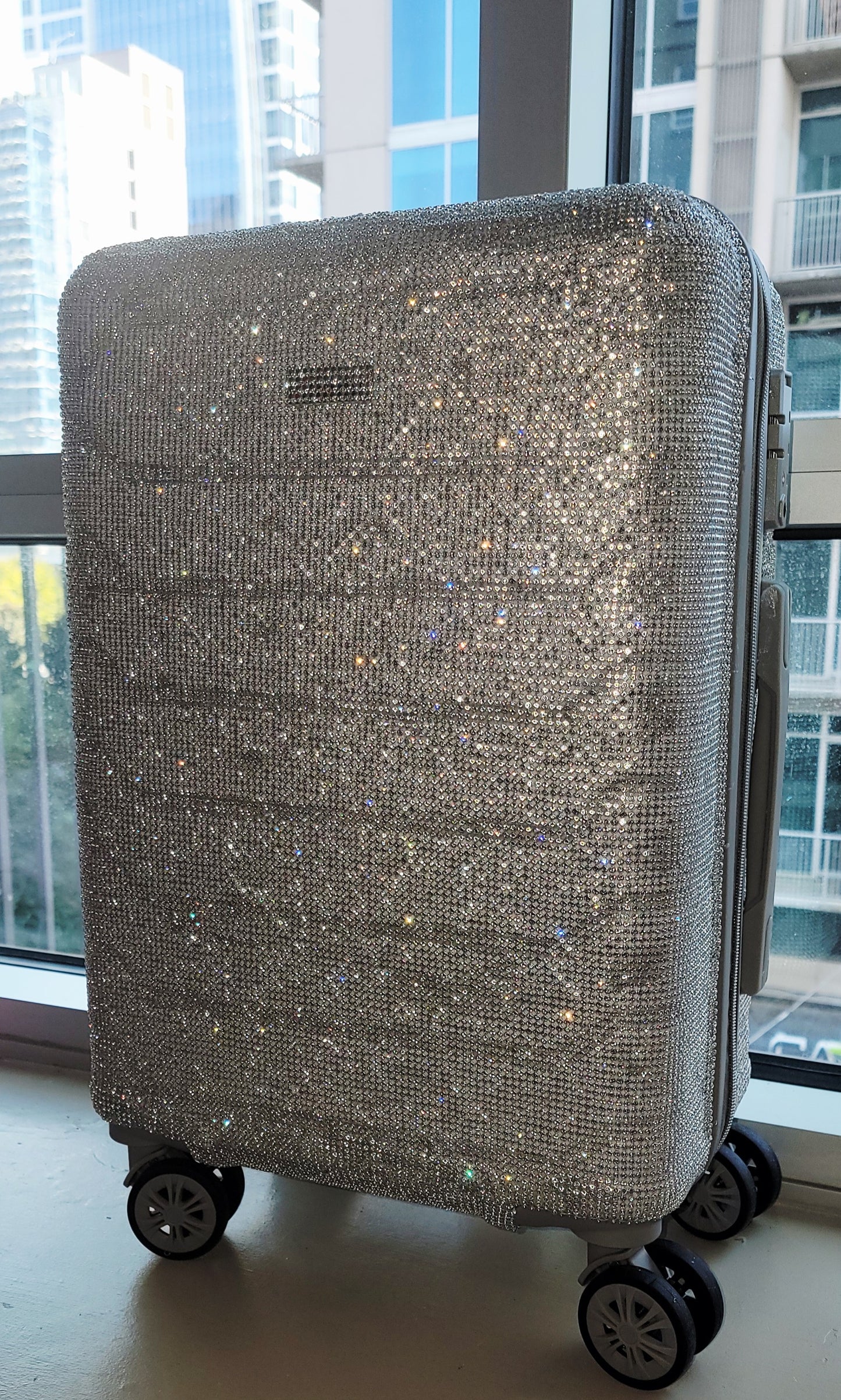 "NEW YORK HEIRESS" Custom Order Silver Rhinestone Crystal Diamante TSA size Approved Carry-on Luggage Case