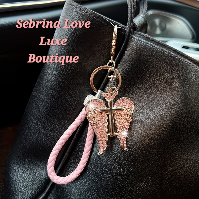 Beautiful Christian Pink Rhinestone Crystal Angel Wings & Cross Key Chain