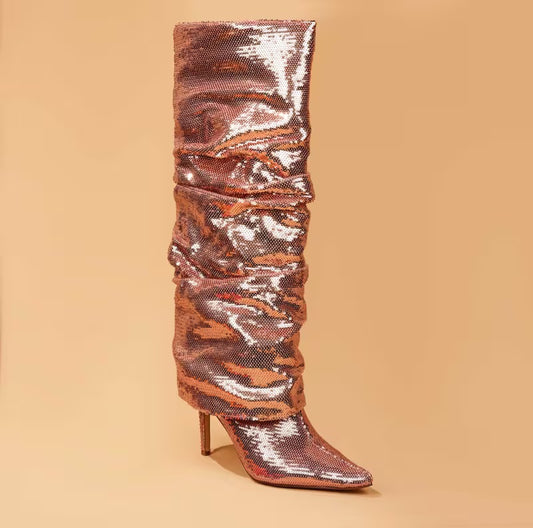 Sexy Metallic Rose Gold Sparkly Slouchy Knee Boots
