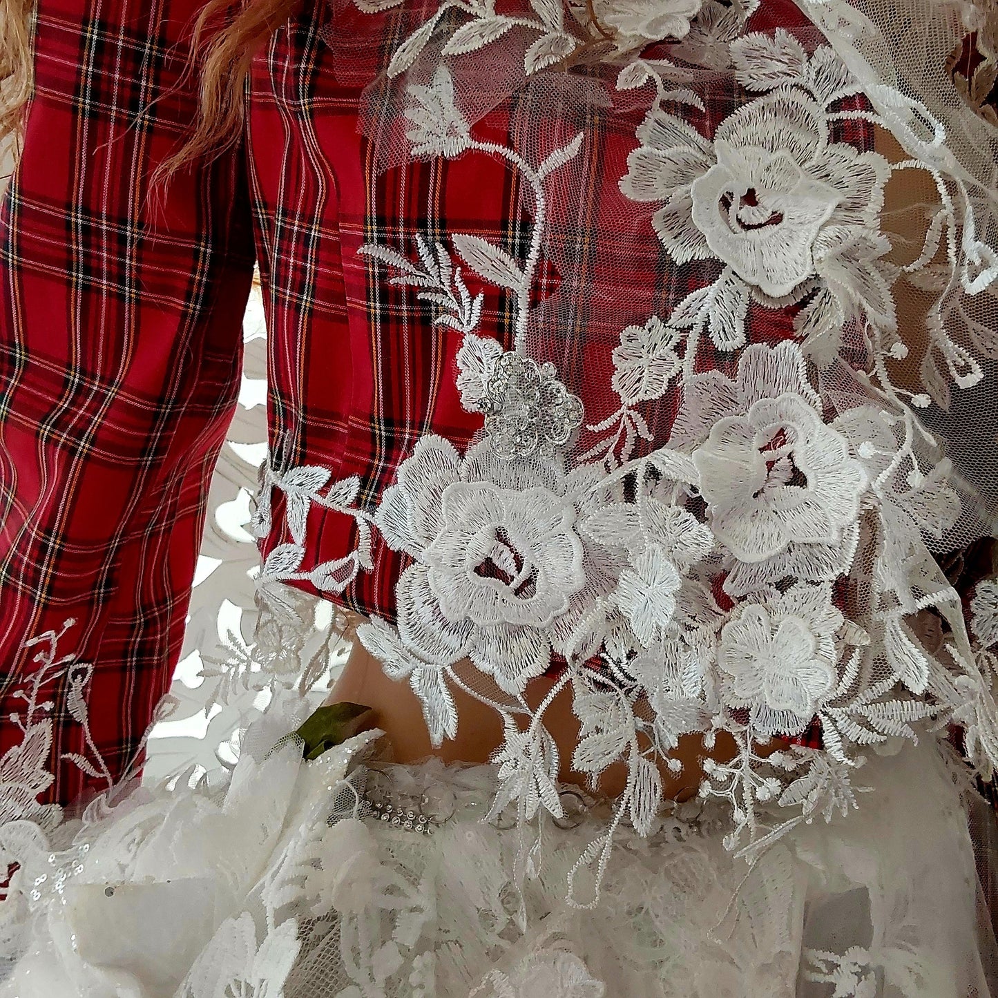 The "MARY STEWART" Scotland Inspired Red Plaid & Lace Wedding Ballgown Set