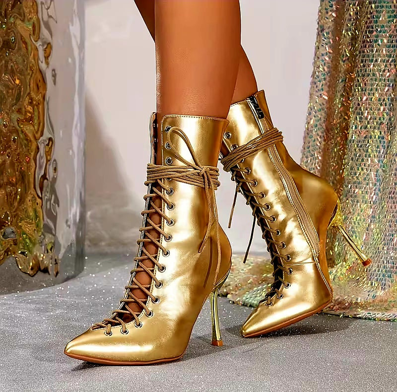 Sexy Metallic Gold Victorian Inspired Lace-up Stiletto Ankle Boots