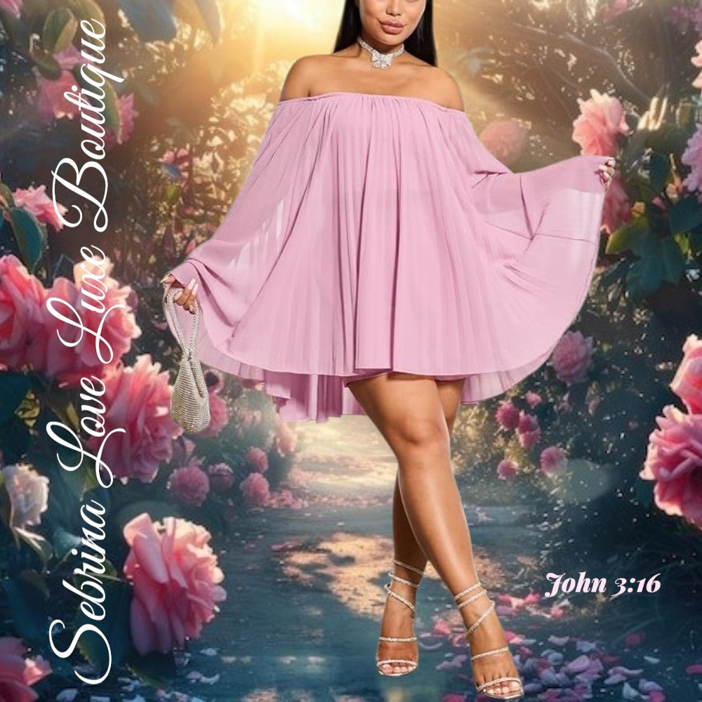 Sexy Pink Chiffon Pleated Trapeze 3pc Mini Dress Bandeau & Shorts Set