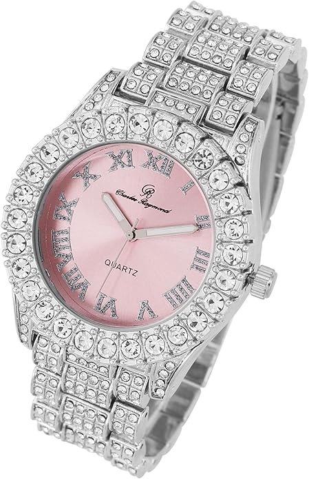 Elegant Silver & Pink Diamante Crystal Bling Watch