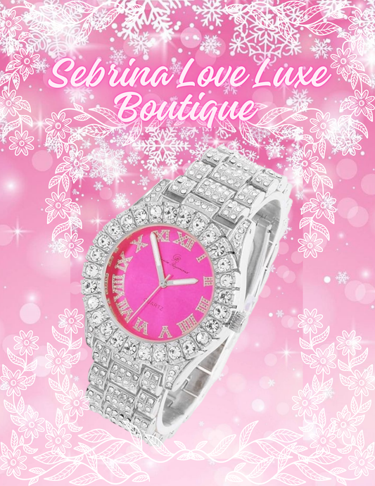 Elegant Silver & Hot Pink Diamante Crystal Bling Watch