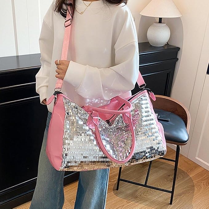 Beautiful Sparkling Silver & Pink Sequin Carry-on Overnight Luggage Bag