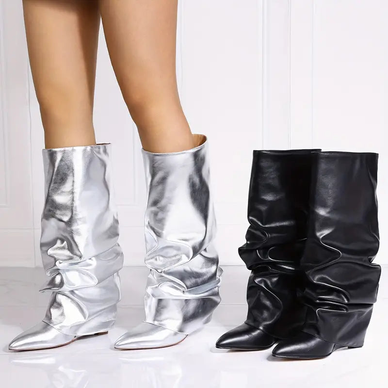 Beautiful Silver Metallic Foldover Slouchy Boots