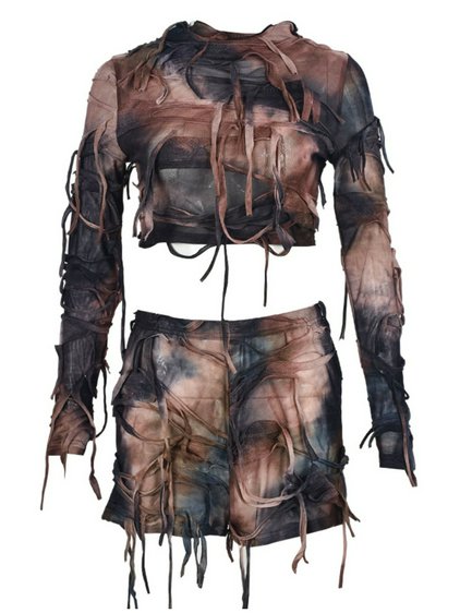 Sexy Earthtone Tassel Tie Dye 2pc Cropped Jacket