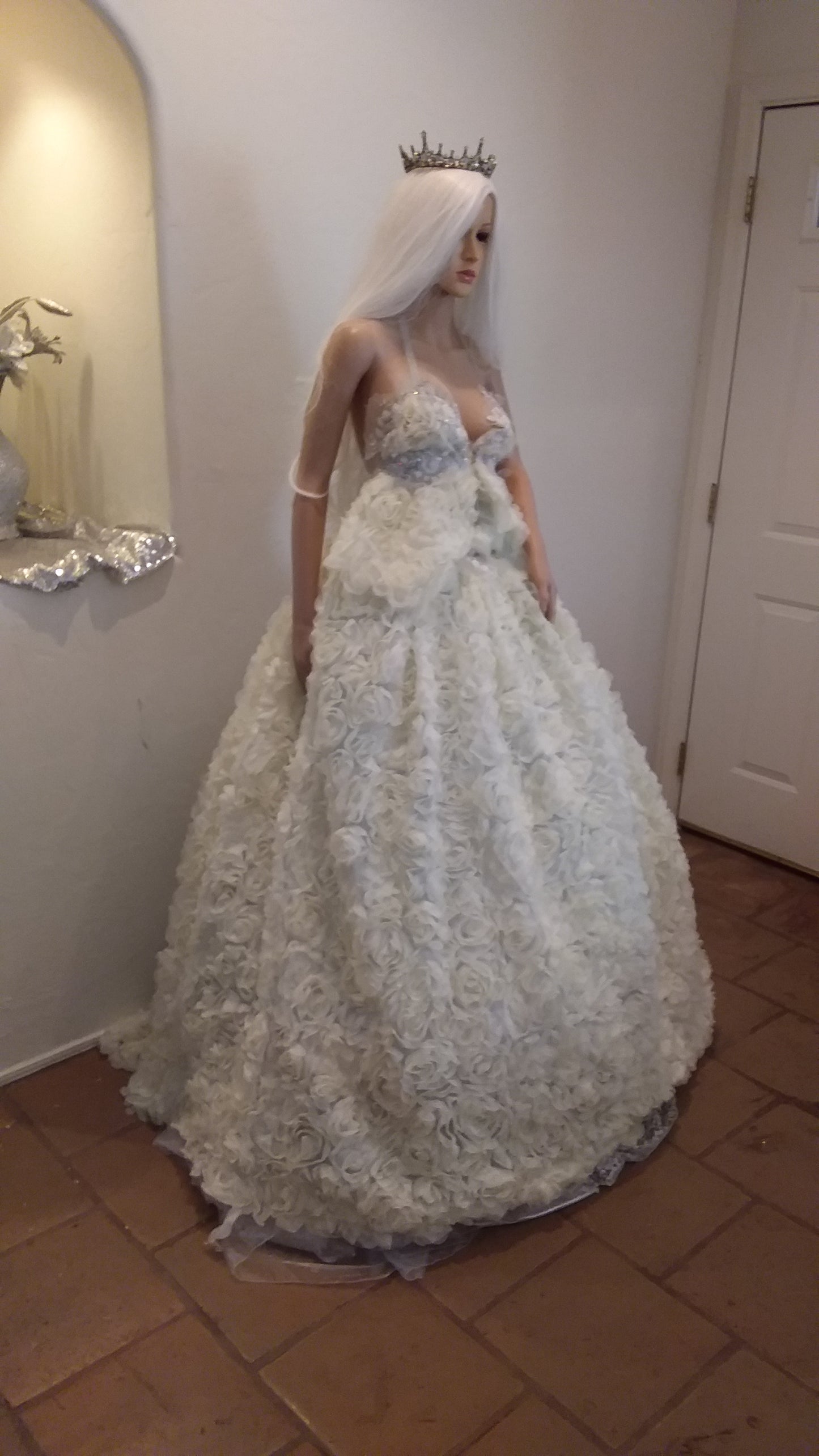 "CELINE" Ivory 3D Chiffon Rosette Lace Crystal Wedding Ballgown Set