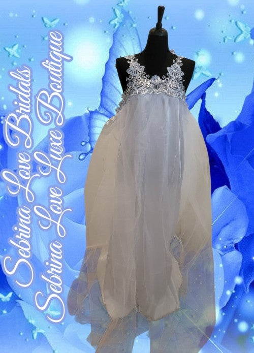 "HEAVENLY" White & Ice Blue Lace & Sequin & Tulle Wedding Ballgown & Headpiece Set