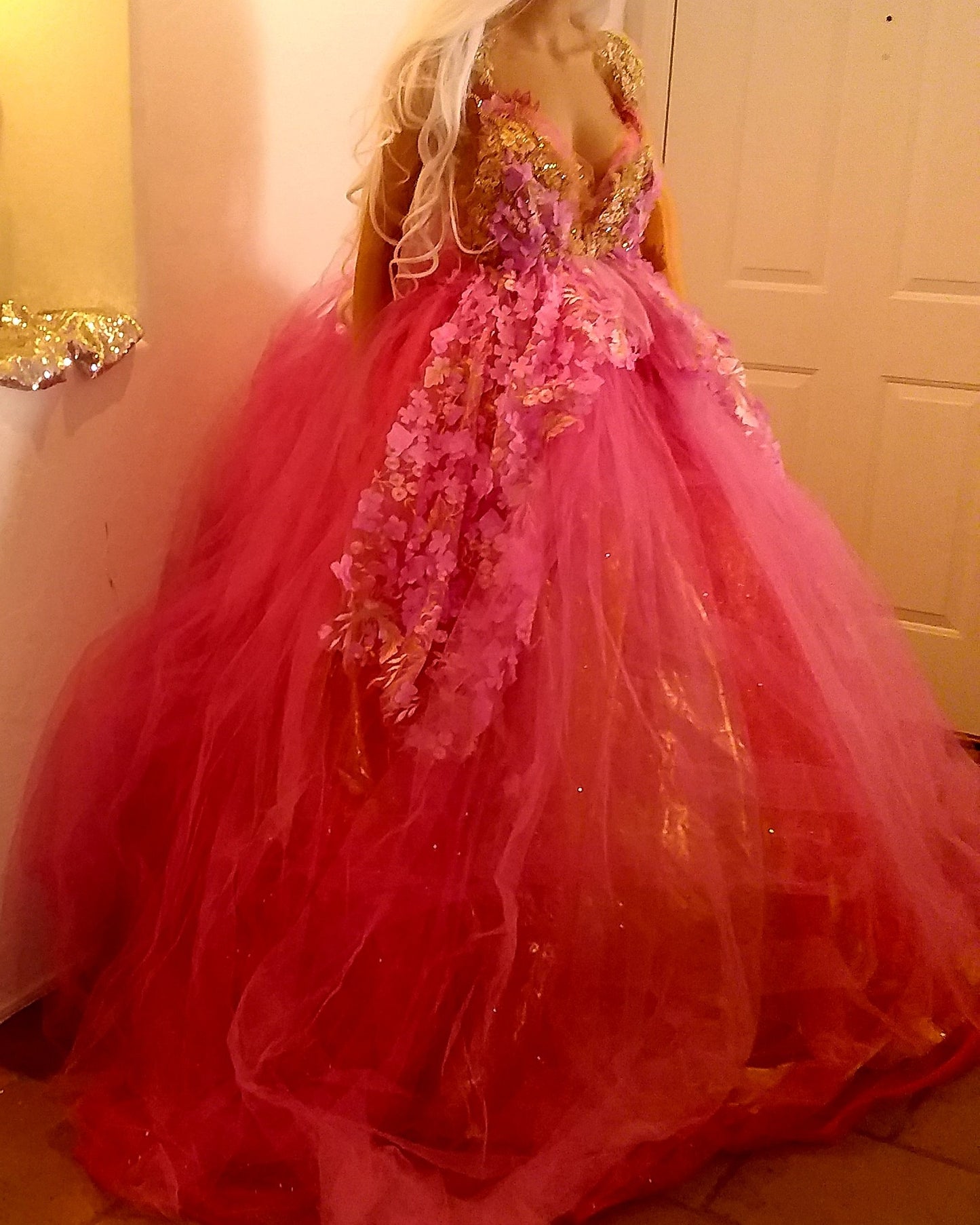 "HOPE" Pink & Gold Embroidered 3D Lace Crystal Beaded Wedding Ballgown Set