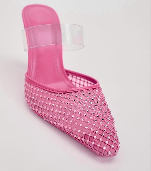 Sexy Pink Rhinestone Crystal Diamante Mesh Mule Heels