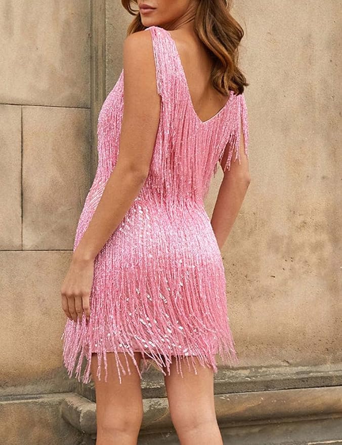 Sexy Light Pink Fringe Party Dress