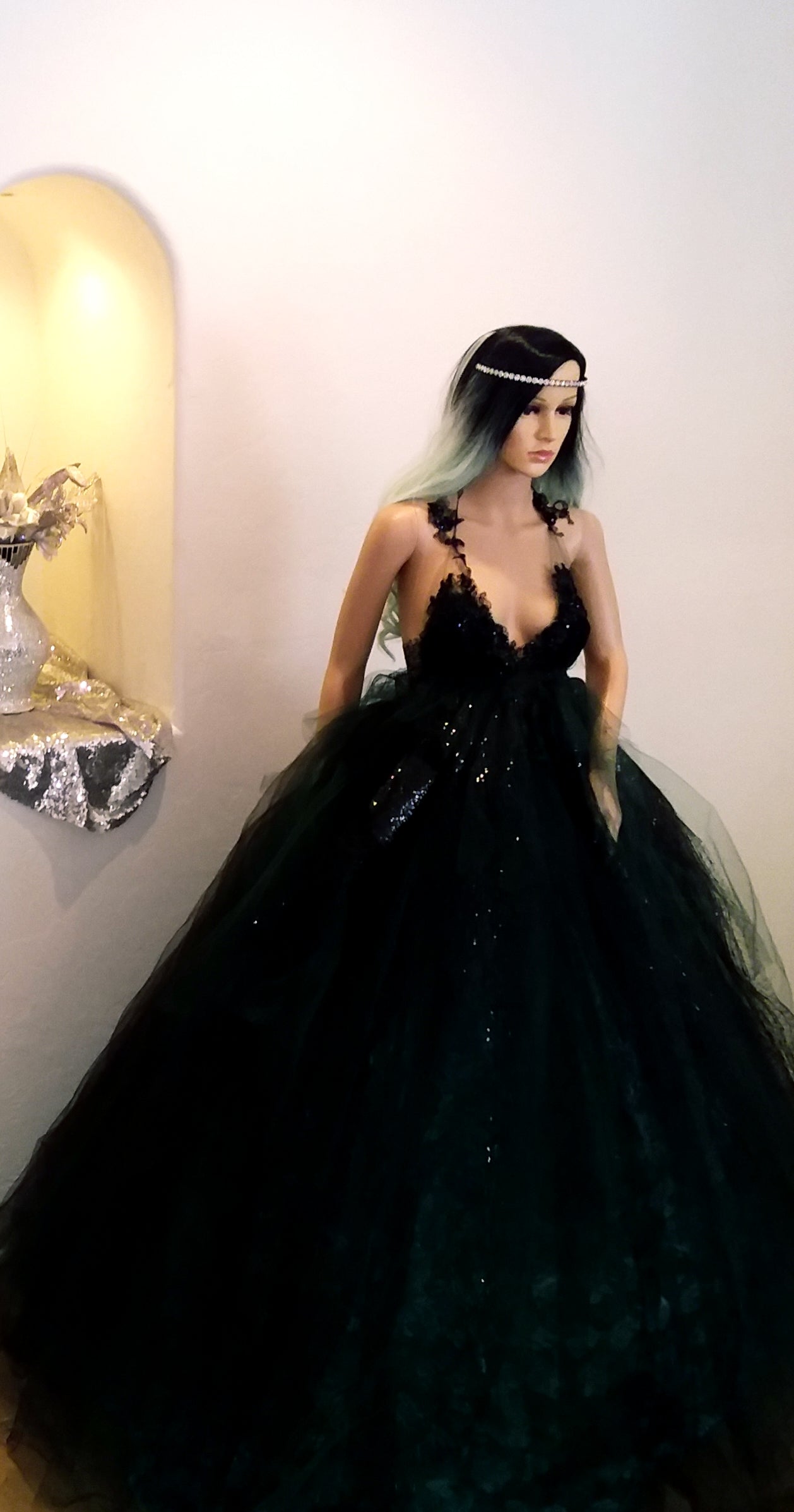 "ESPERANZA" Gothic Romance Black & Green Sequin Lace Tulle 3D Rosette Wedding Ballgown Set (SAMPLE GOWN SET)
