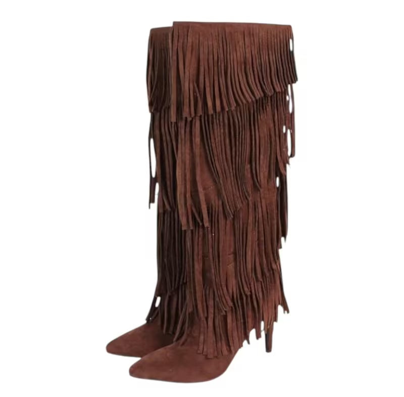 Boho Festival Chocolate Brown Fringe Heeled Boots