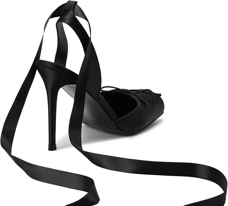 Elegant Romantic Black Satin Ribbon Ankle Tie Ballerina Heels