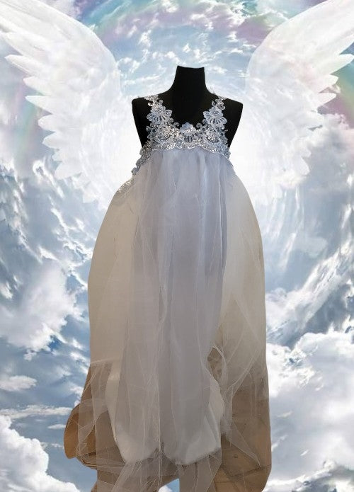 "HEAVENLY" White & Ice Blue Lace & Sequin & Tulle Wedding Ballgown & Headpiece Set