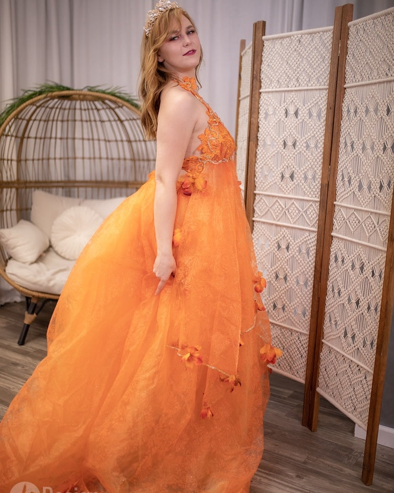 "HARVEST" Orange Organza Fall Leaves Crystal Wedding Ballgown Set (SAMPLE GOWN SET ONLY)