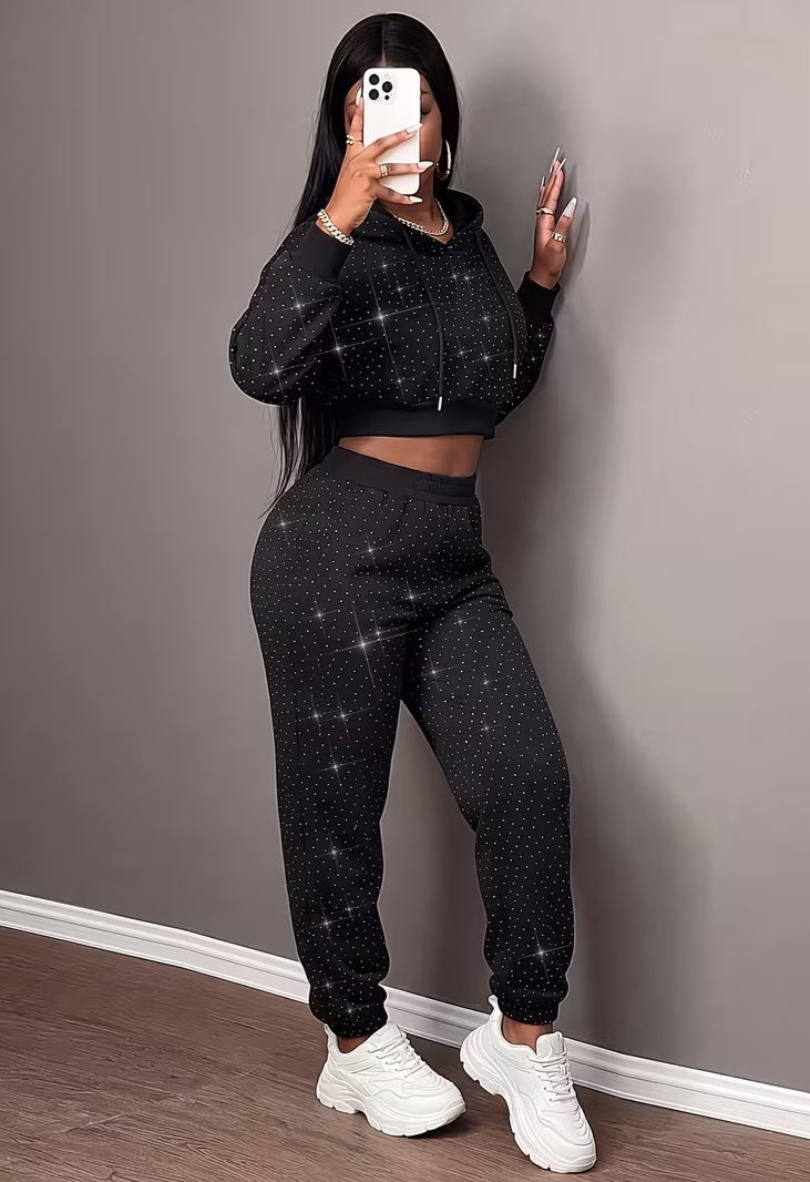 Cozy Black Rhinestone Cropped Sweatshirt & Jogger Pant Set