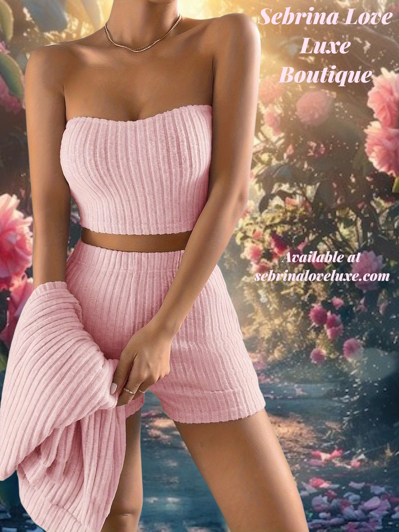 Cute & Cozy Light Pink 3 Piece Sweater, Bandeau Top & Shorts Set