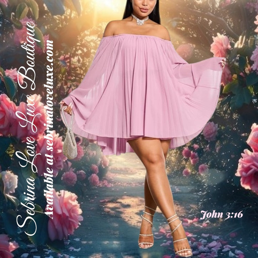 Sexy Pink Chiffon Pleated Trapeze 3pc Mini Dress Bandeau & Shorts Set
