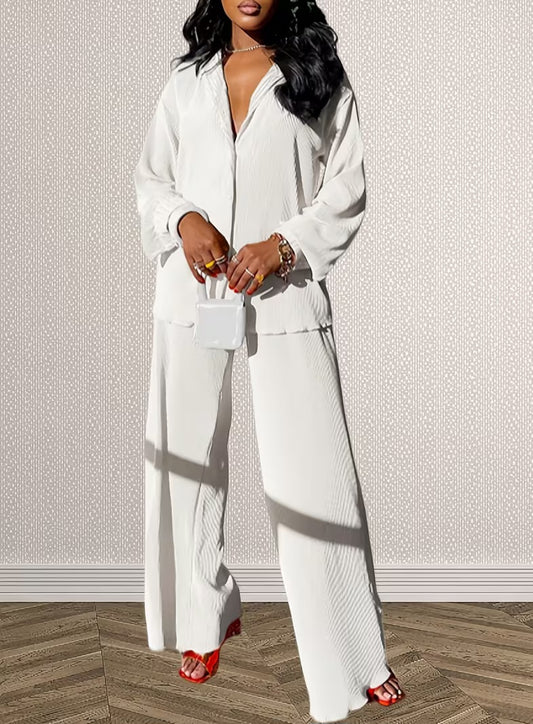 Chic White Pleated Tunic Button Closure & Pants Set