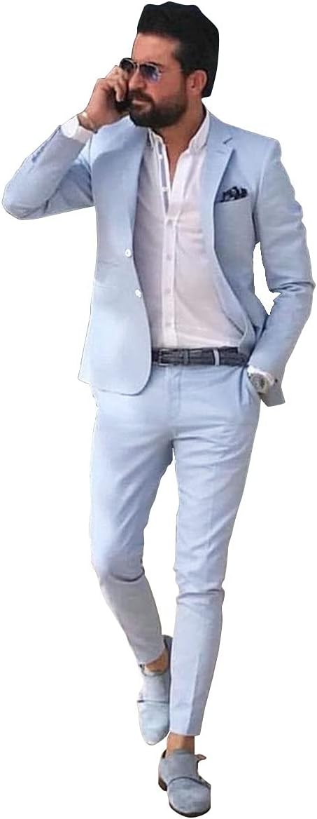 European Style Men's Light Blue 2 Piece Jacket & Pants Suit