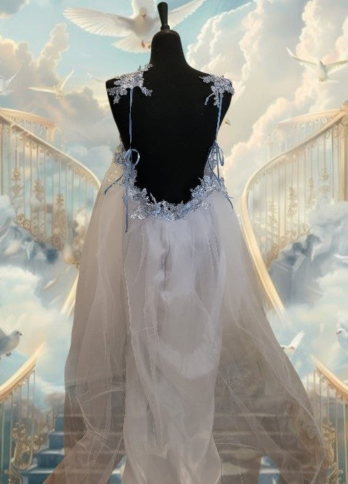 "HEAVENLY" White & Ice Blue Lace & Sequin & Tulle Wedding Ballgown & Headpiece Set