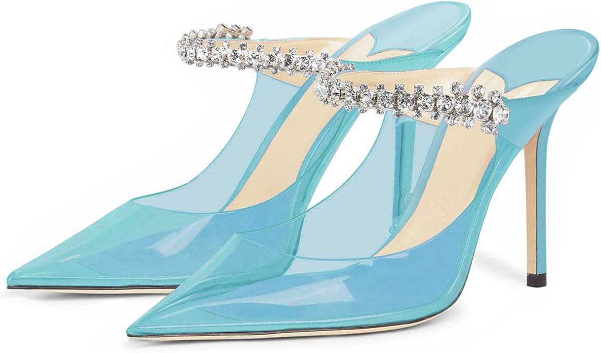 Sexy Baby Pale Ocean Blue Clear Transparent Jewel Embellished Mule Heels