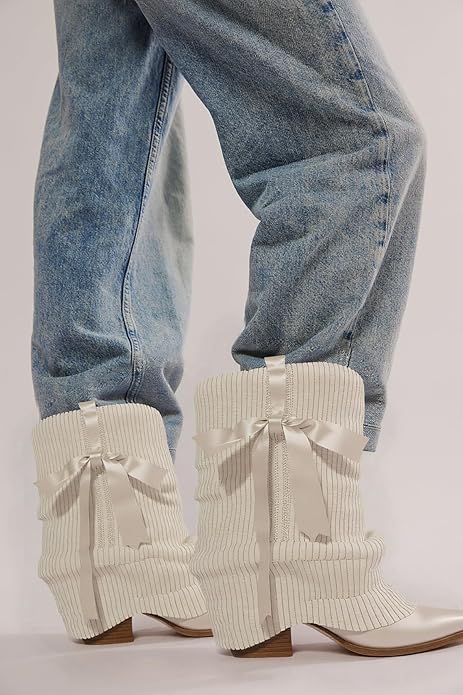 Ivory White Ballet Inspired Boho Festival Knit Foldover Western Boots